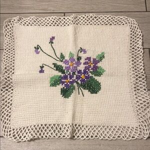 Handmade Cross-Stitch Doily with Purple Flowers Cottagecore Prairie